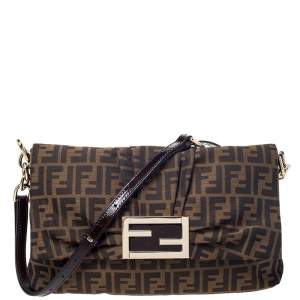 Pre Owned Fendi Tobacco Zucca Canvas and Patent Leather Mia Flap Bag
