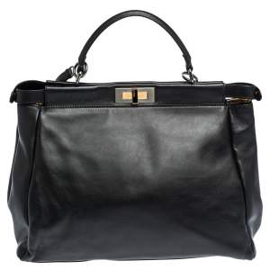Pre Owned Fendi Black Leather with Watersnake and Suede Lining Large Peekaboo Top Handle Bag