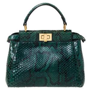 Pre Owned Fendi Green/Black Python Mini Peekaboo Top Handle Bag