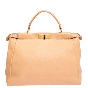 Pre Owned Fendi Peach Selleria Leather Large Peekaboo Top Handle Bag