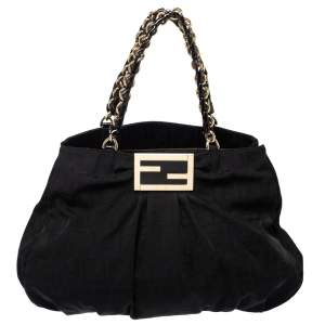 Pre Owned Fendi Black Canvas and Patent Leather Large Mia Shoulder Bag