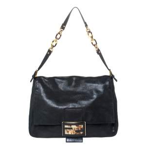 Pre Owned Fendi Black Iridescent Leather Mama Forever Large Flap Shoulder Bag