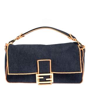 Pre Owned Fendi Blue/Orange Denim Mama Baguette Top Handle Bag