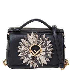 Pre Owned Fendi Black Leather and Python Small Daisy Flower Kan I F Shoulder Bag