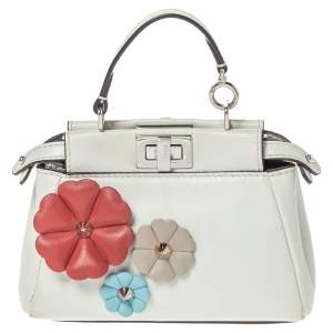 Pre Owned Fendi White Leather Micro Peekaboo Flowerland Top Handle Bag