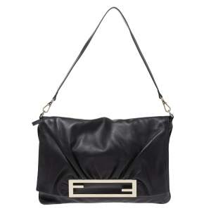 Pre Owned Fendi Black Leather Flap Shoulder Bag