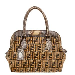 Pre Owned Fendi Beige/Brown Zucca Coated Canvas, Rattan and Python Adele Satchel 