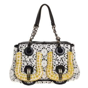 Pre Owned Fendi White/Black Lace and Leather Beads Embellished B Shoulder Bag