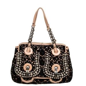Pre Owned Fendi Black/Beige Lace and Leather Beads Embellished B Shoulder Bag