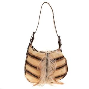 Pre Owned Fendi Cream/Brown Suede, Fur and Lizard Oyster Hobo