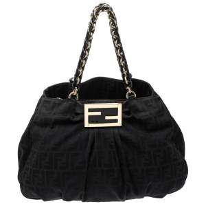Pre Owned Fendi Black Canvas and Patent Leather Large Mia Shoulder Bag