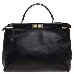 Pre Owned Fendi Black Leather with Suede and Python Lining Large Peekaboo Top Handle Bag