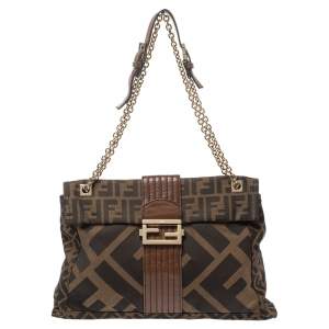 Fendi Tobacco Zucca Canvas and Leather Maxi Baguette Flap Shoulder Bag