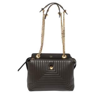 Pre Owned Fendi Olive Green Quilted Leather Dotcom Click Shoulder Bag
