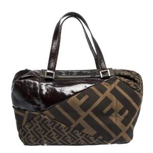 Pre Owned Fendi Tobacco Zucca Canvas and Patent Leather Raddica Boston Bag