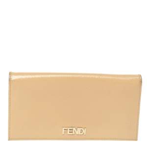Pre Owned Fendi Beige Patent Leather Logo Flap Continental Wallet