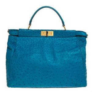 Pre Owned Fendi Aqua Blue Ostrich Large Peekaboo Top Handle Bag