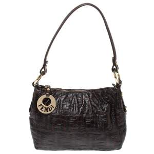 Pre Owned Fendi Dark Brown Zucca Embossed Leather Chef Hobo