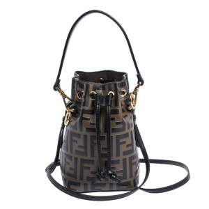 Pre Owned Fendi Brown/Black Zucca Leather Mini Mon Tresor Drawstring Bucket Bag