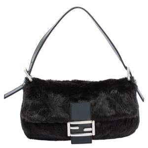 Pre Owned Fendi Black Shearling and Leather Mama Baguette Bag