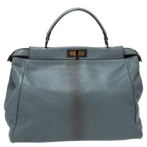 Pre Owned Fendi Grey Leather Large Peekaboo Top Handle Bag