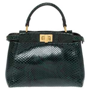 Pre Owned Fendi Green Python Mini Peekaboo Top Handle Bag