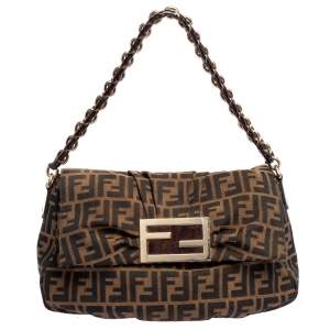 Pre Owned Fendi Tobacco Zucca Canvas and Patent Leather Mia Flap Shoulder Bag