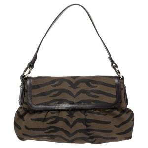 Pre Owned Fendi Brown/Black Tiger Print Canvas and Leather Chef Shoulder Bag