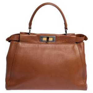 Pre Owned Fendi Tan Leather Medium Peekaboo Top Handle Bag