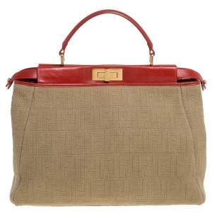 Pre Owned Fendi Beige/Red Zucca Corda Pumpkin Rope and Leather Large Peekaboo Top Handle Bag
