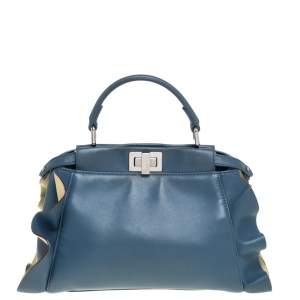 Pre Owned Fendi Blue/Yellow Leather Mini Wave Peekaboo Top Handle Bag