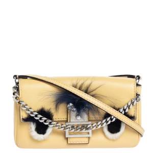 Pre Owned Fendi Yellow Leather and Fur Micro Monster Baguette Bag