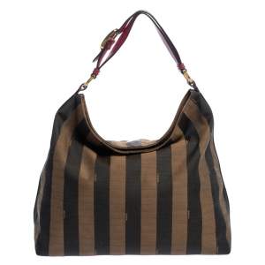 Pre Owned Fendi Tobacco/Magenta Pequin Stripe Canvas and Leather Hobo