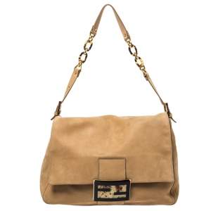 Pre Owned Fendi Beige Nubuck Leather Mama Baguette Shoulder Bag