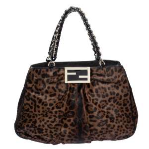 Pre Owned Fendi Brown/Black Leopard Print Calfhair Large Mia Shoulder Bag
