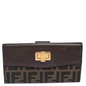 Pre Owned Fendi Brown Zucca Canvas and Leather Continental Wallet