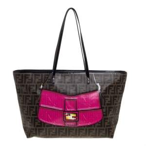 Pre Owned Fendi Tobacco Zucca Coated Canvas and Patent Leather Spalmati Roll Shopper Tote