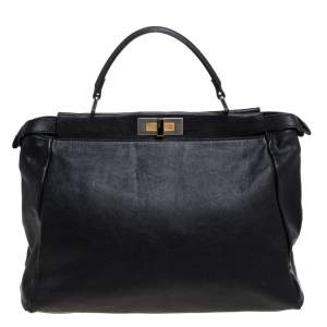 Pre Owned Fendi Black Leather Large Peekaboo Top Handle Bag