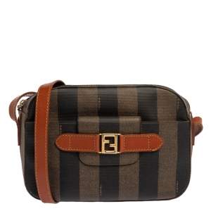 Pre Owned Fendi Brown/Black Pequin Striped Coated Canvas and Leather Crossbody Bag