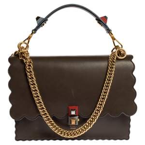 Pre Owned Fendi Taupe Leather Scalloped Kan I Top Handle Shoulder Bag