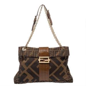 Fendi Tobacco Zucca Canvas Maxi Baguette Flap Shoulder Bag