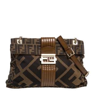 Fendi Tobacco Zucca Canvas and Leather Maxi Baguette Flap Shoulder Bag