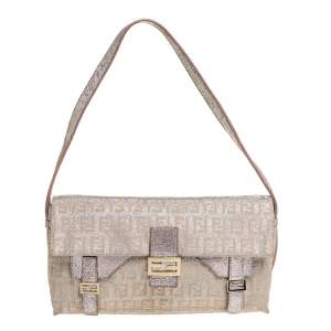 Pre Owned Fendi Biege Shimmer Zucchino Canvas and Leather Sweet Pochette Bag