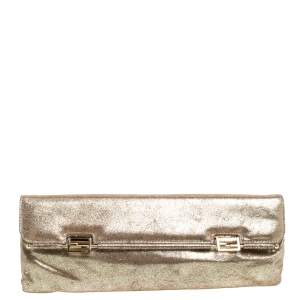 Pre Owned Fendi Gold Shimmer Leather Flap Long Clutch