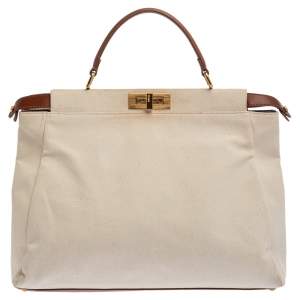 Fendi Cream/Tan Canvas and Leather Large Peekaboo Top Handle Bag