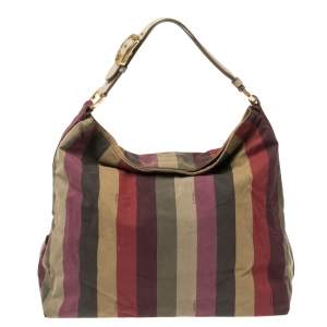 Pre Owned Fendi Multicolor Canvas and Leather Large Pequin Striped Hobo