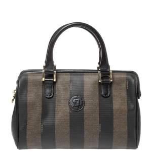 Pre Owned Fendi Tobacco Pequin Striped Coated Canvas and Leather Boston Bag
