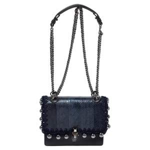 Pre Owned Fendi Navy Blue/Black Python and Leather Beaded Small Kan I Crossbody Bag