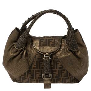 Pre Owned Fendi Tobacco/Metallic Zucca Canvas and Leather Spy Bag