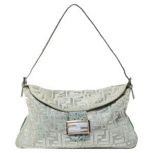 مملوكة مسبقًا Fendi Light Blue Denim FF Crystal Embellished Mamma Baguette Bag